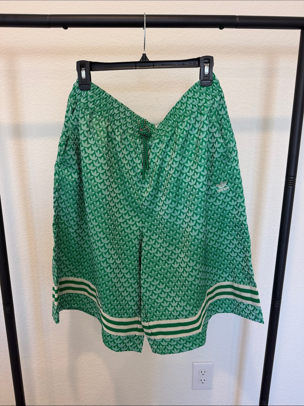 adidas Green Patterned Athletic Bermuda Shorts with White Trim